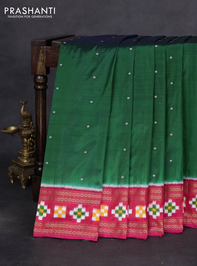 Pochampally silk saree green and pink with thread woven buttas and rettapet zari woven ikat style border