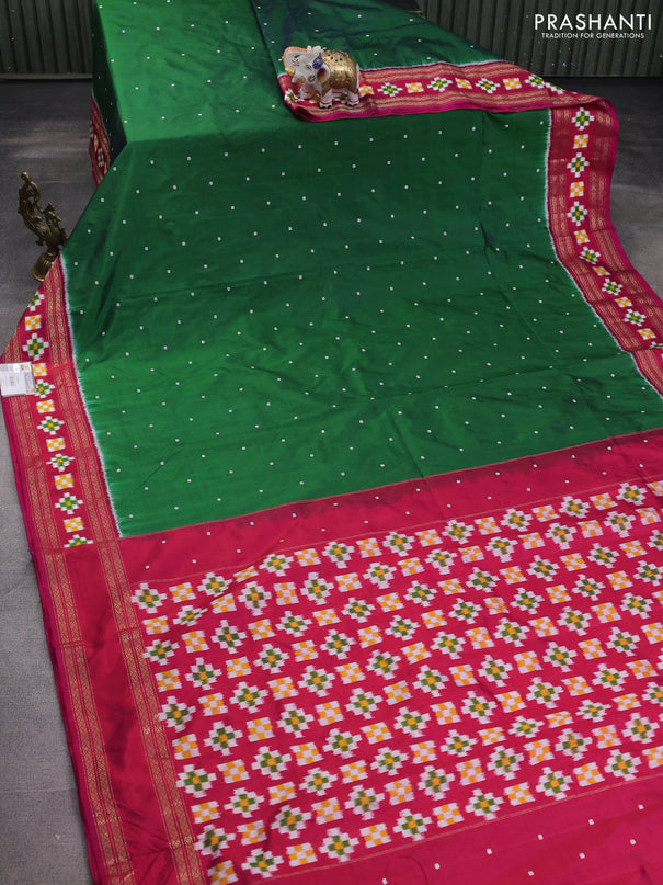 Pochampally silk saree green and pink with thread woven buttas and rettapet zari woven ikat style border