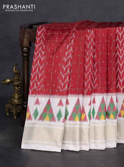 Pochampally silk saree red and off white with allover zari checks & ikat weaves and zari woven border