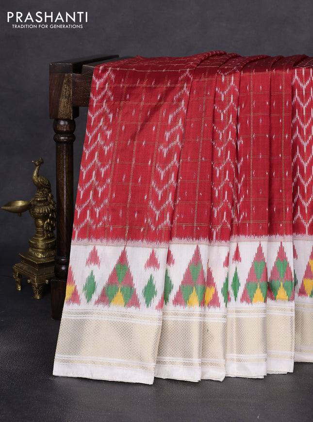 Pochampally silk saree red and off white with allover zari checks & ikat weaves and zari woven border