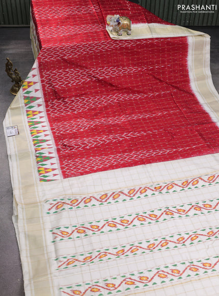 Pochampally silk saree red and off white with allover zari checks & ikat weaves and zari woven border