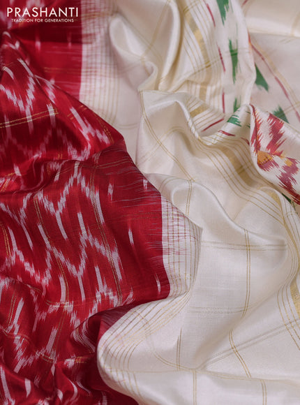 Pochampally silk saree red and off white with allover zari checks & ikat weaves and zari woven border