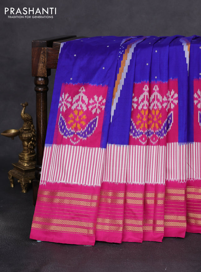 Pochampally silk saree blue and pink with allover ikat weaves & thread buttas and zari woven border