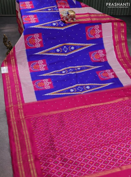 Pochampally silk saree blue and pink with allover ikat weaves & thread buttas and zari woven border