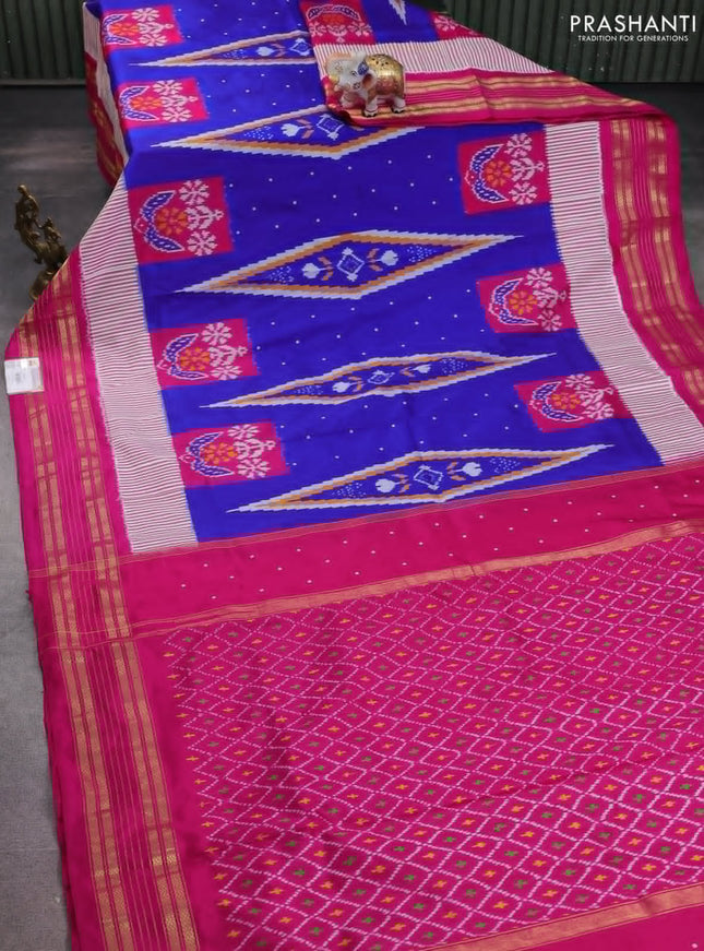 Pochampally silk saree blue and pink with allover ikat weaves & thread buttas and zari woven border
