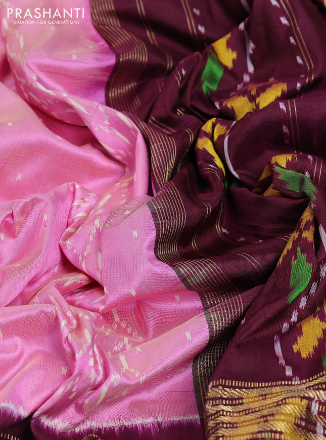 Pochampally silk saree pink shade and wine shade with allover ikat weaves and zari woven border