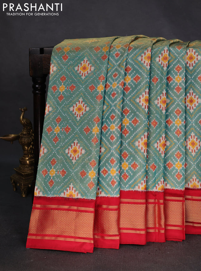 Pochampally tissue silk saree pastel green and red with allover ikat weaves and zari woven border