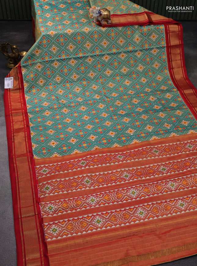 Pochampally tissue silk saree pastel green and red with allover ikat weaves and zari woven border