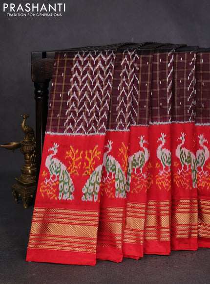 Pochampally silk saree deep maroon and red with allover zari checks & ikat weaves and long ikat woven zari border