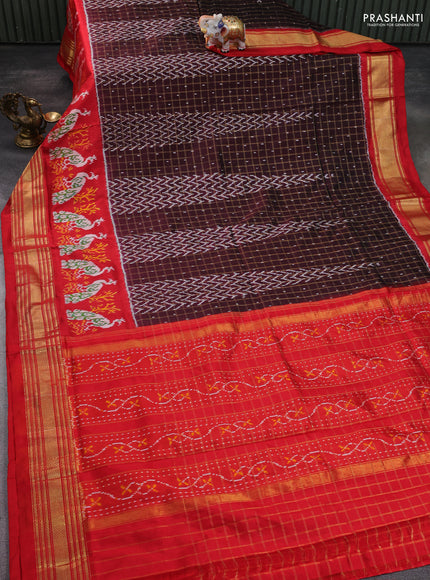 Pochampally silk saree deep maroon and red with allover zari checks & ikat weaves and long ikat woven zari border