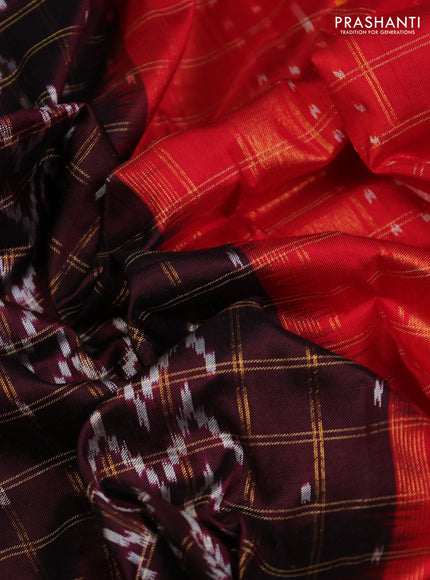 Pochampally silk saree deep maroon and red with allover zari checks & ikat weaves and long ikat woven zari border
