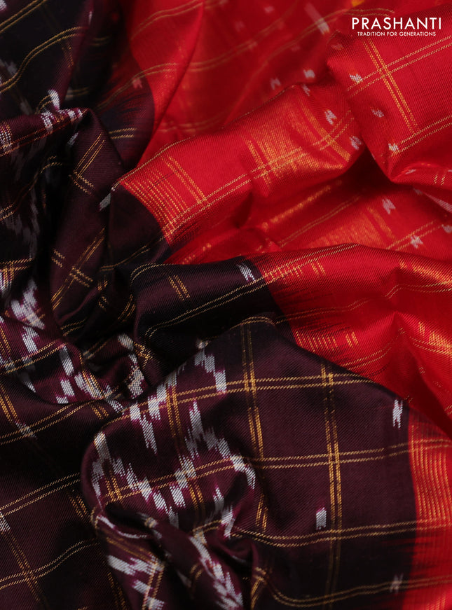 Pochampally silk saree deep maroon and red with allover zari checks & ikat weaves and long ikat woven zari border
