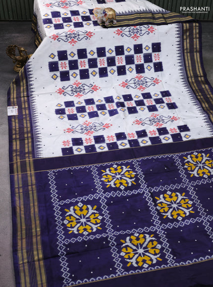 Pochampally silk saree off white and blue with allover ikat weaves and temple design zari woven border