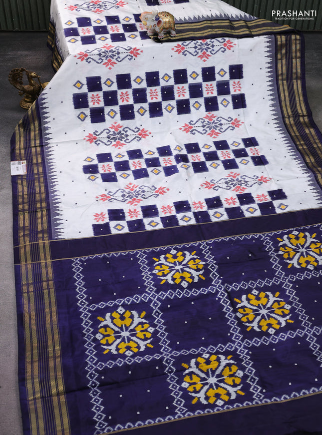 Pochampally silk saree off white and blue with allover ikat weaves and temple design zari woven border