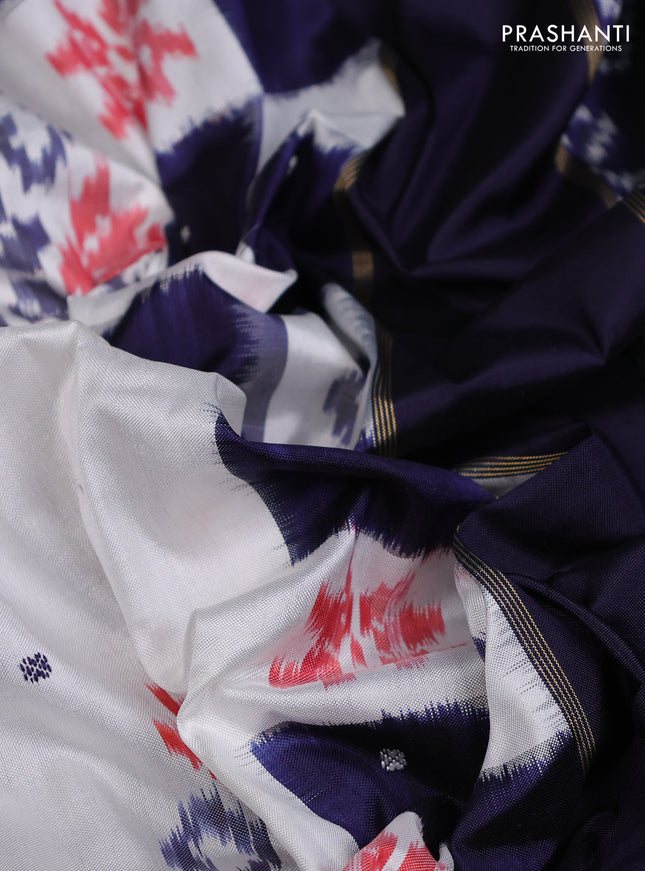 Pochampally silk saree off white and blue with allover ikat weaves and temple design zari woven border