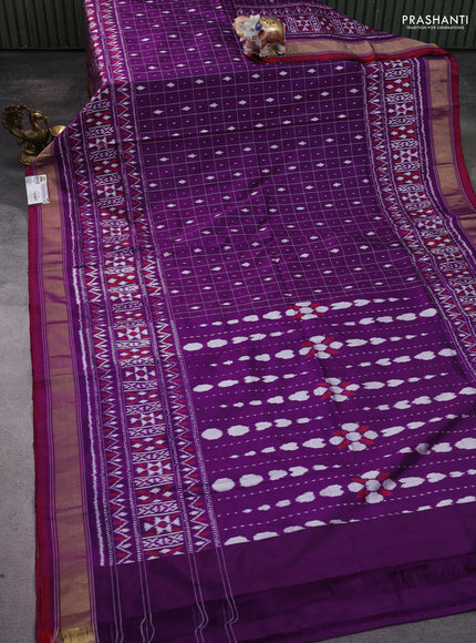 Pochampally silk saree purple and maroon with allover checks & ikat butta weaves and long ikat woven zari border