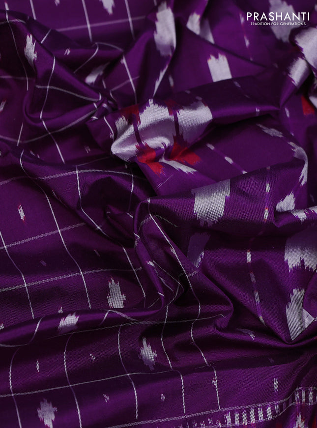 Pochampally silk saree purple and maroon with allover checks & ikat butta weaves and long ikat woven zari border
