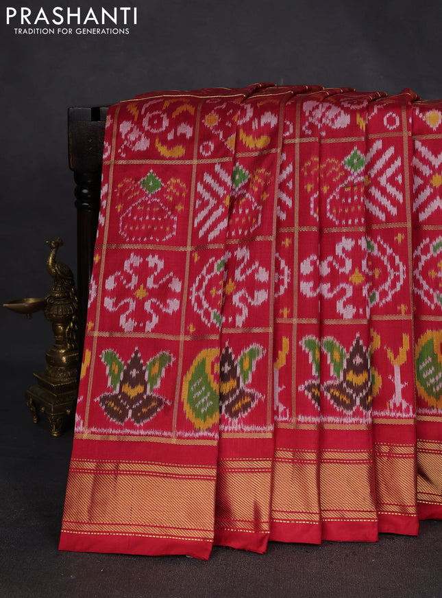 Pochampally silk saree red with allover zari checks & ikat weaves and zari woven border