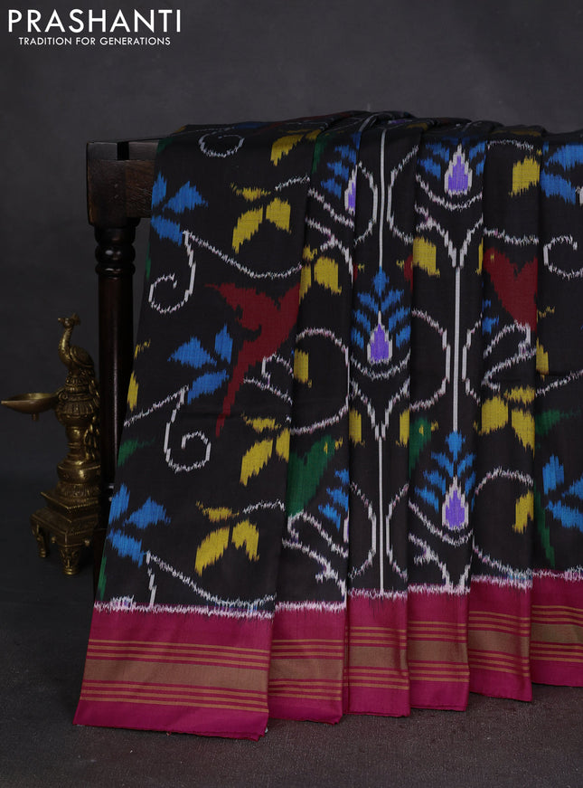 Pochampally silk saree black and pink with allover patola weaves and rettapet border