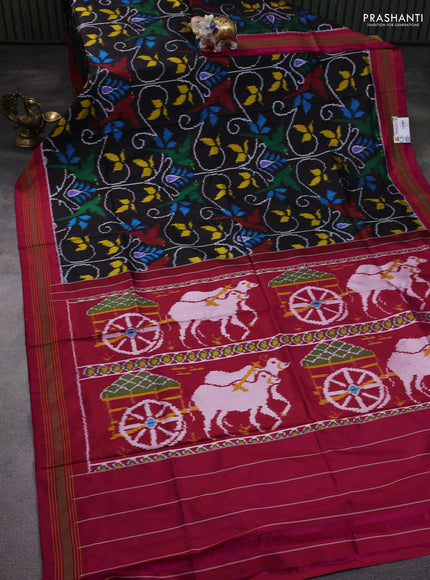 Pochampally silk saree black and pink with allover patola weaves and rettapet border