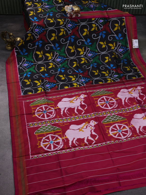 Pochampally silk saree black and pink with allover patola weaves and rettapet border