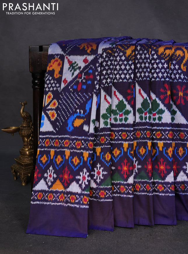 Pochampally silk saree navy blue with allover ikat weaves and long ikat woven simple border