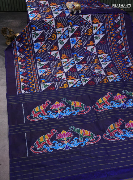 Pochampally silk saree navy blue with allover ikat weaves and long ikat woven simple border