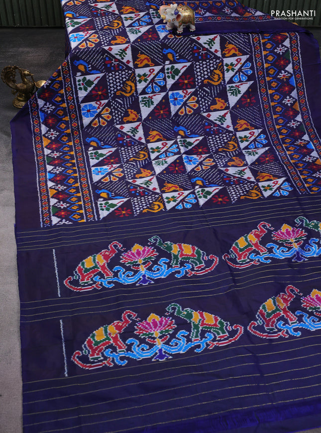 Pochampally silk saree navy blue with allover ikat weaves and long ikat woven simple border