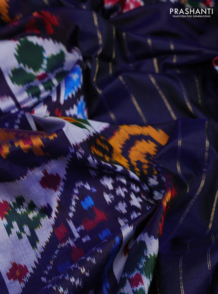 Pochampally silk saree navy blue with allover ikat weaves and long ikat woven simple border