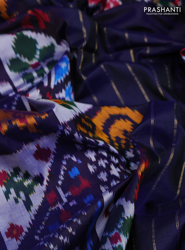 Pochampally silk saree navy blue with allover ikat weaves and long ikat woven simple border