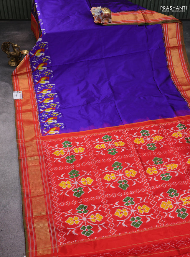 Pochampally silk saree blue and orange with plain body andlong ikat woven zari border
