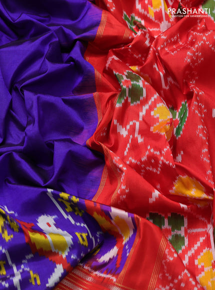 Pochampally silk saree blue and orange with plain body andlong ikat woven zari border