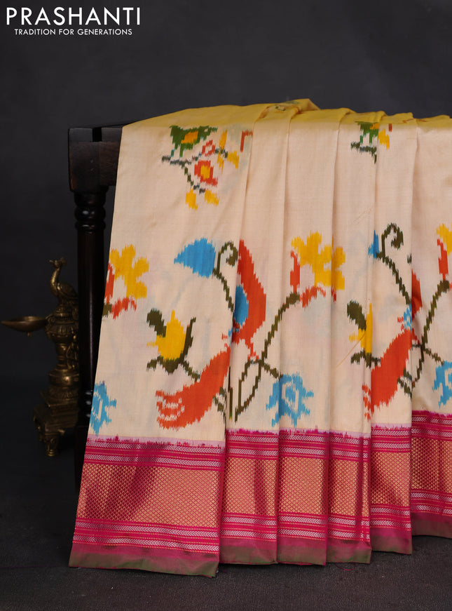 Pochampally silk saree ple yellow and pink with allover ikat weaves and zari woven border