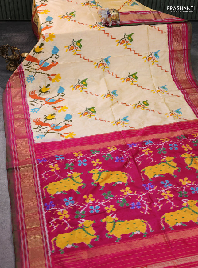 Pochampally silk saree ple yellow and pink with allover ikat weaves and zari woven border