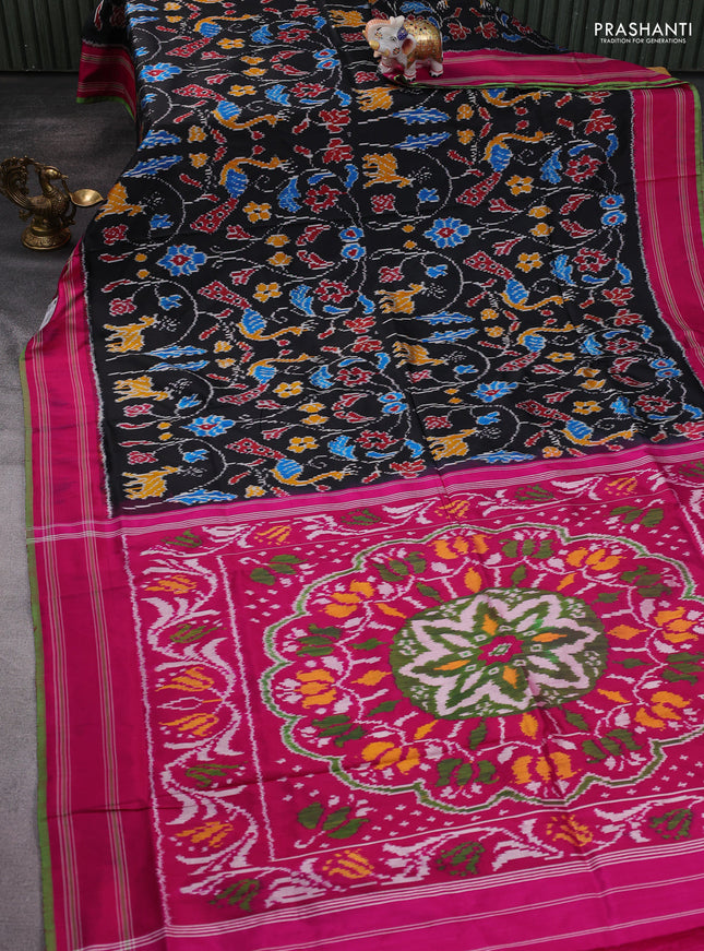 Pochampally silk saree black and pink with allover ikat weaves and rettapet border