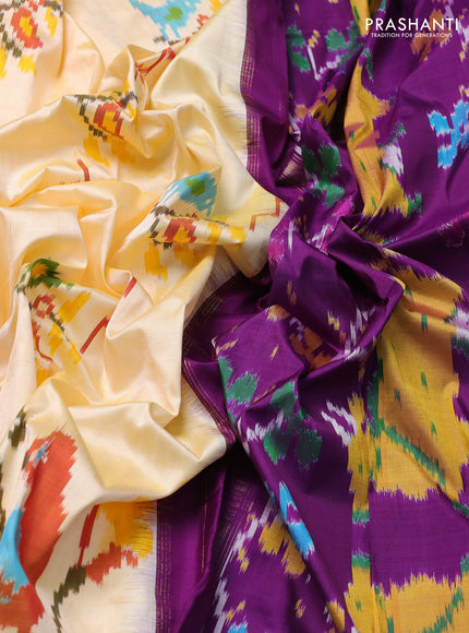 Pochampally silk saree pale yellow and purple with allover ikat weaves and rettapet zari woven border