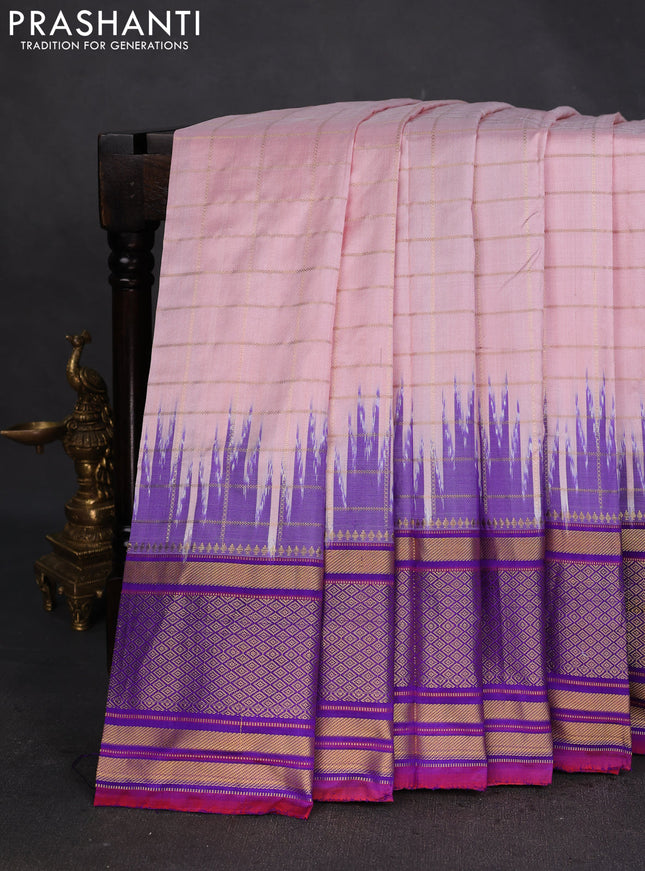 Pochampally silk saree pastel peach pink and purple with allover zari checked pattern and temple design long zari woven border