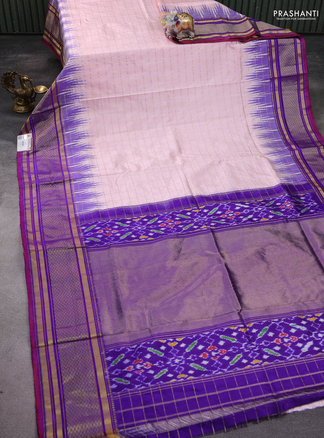 Pochampally silk saree pastel peach pink and purple with allover zari checked pattern and temple design long zari woven border