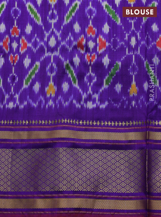 Pochampally silk saree pastel peach pink and purple with allover zari checked pattern and temple design long zari woven border
