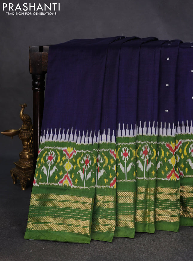 Pochampally silk saree navy blue and sap green with allover thread woven buttas and long ikat woven zari border