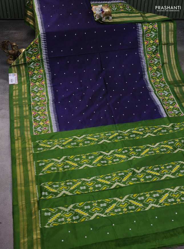 Pochampally silk saree navy blue and sap green with allover thread woven buttas and long ikat woven zari border