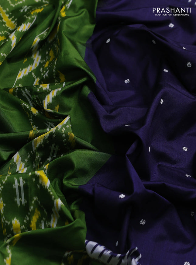 Pochampally silk saree navy blue and sap green with allover thread woven buttas and long ikat woven zari border
