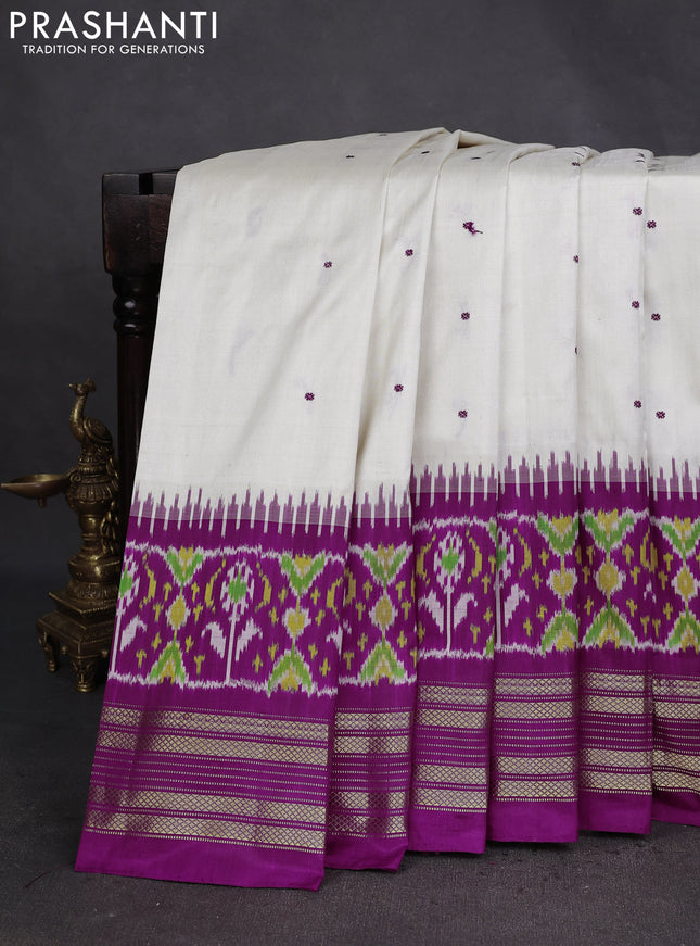 Pochampally silk saree cream and purple with allover thread woven buttas and long ikat woven zari border