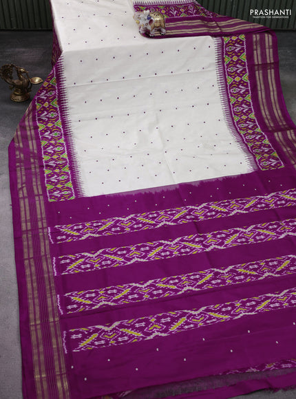 Pochampally silk saree cream and purple with allover thread woven buttas and long ikat woven zari border