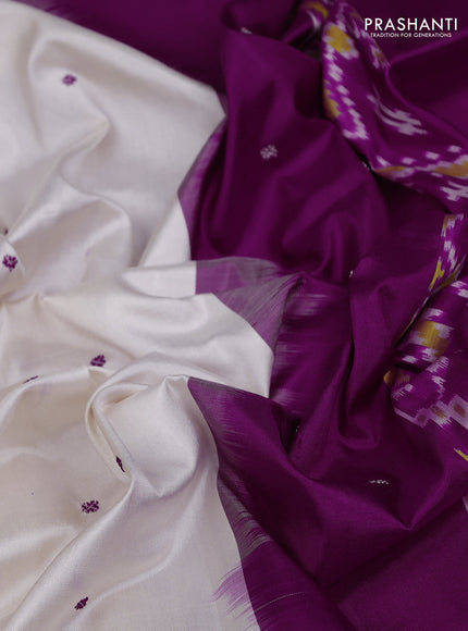 Pochampally silk saree cream and purple with allover thread woven buttas and long ikat woven zari border