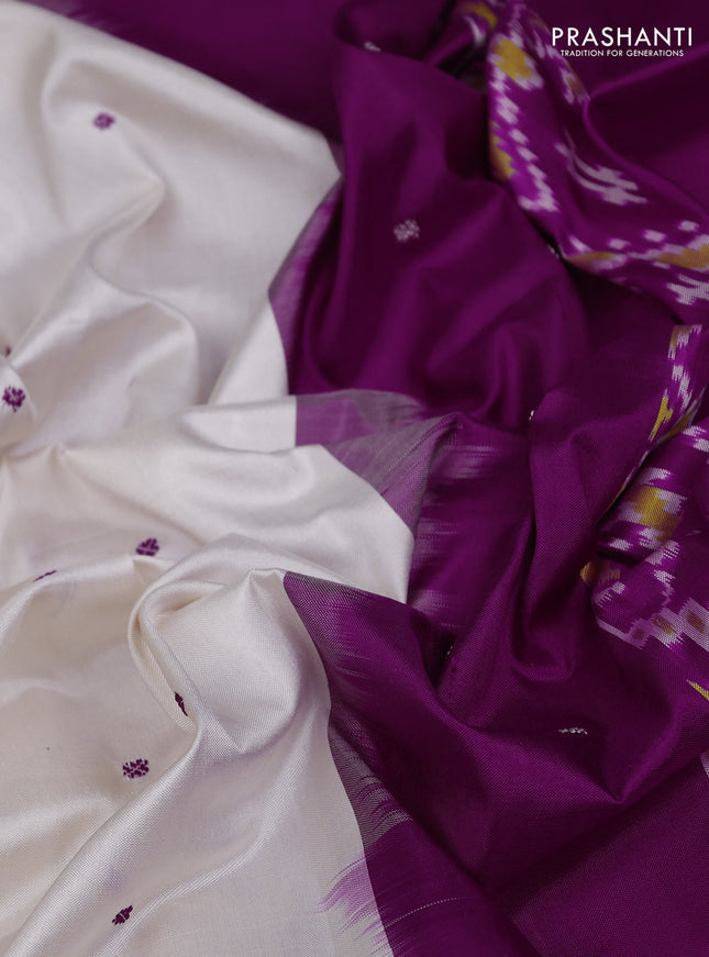 Pochampally silk saree cream and purple with allover thread woven buttas and long ikat woven zari border