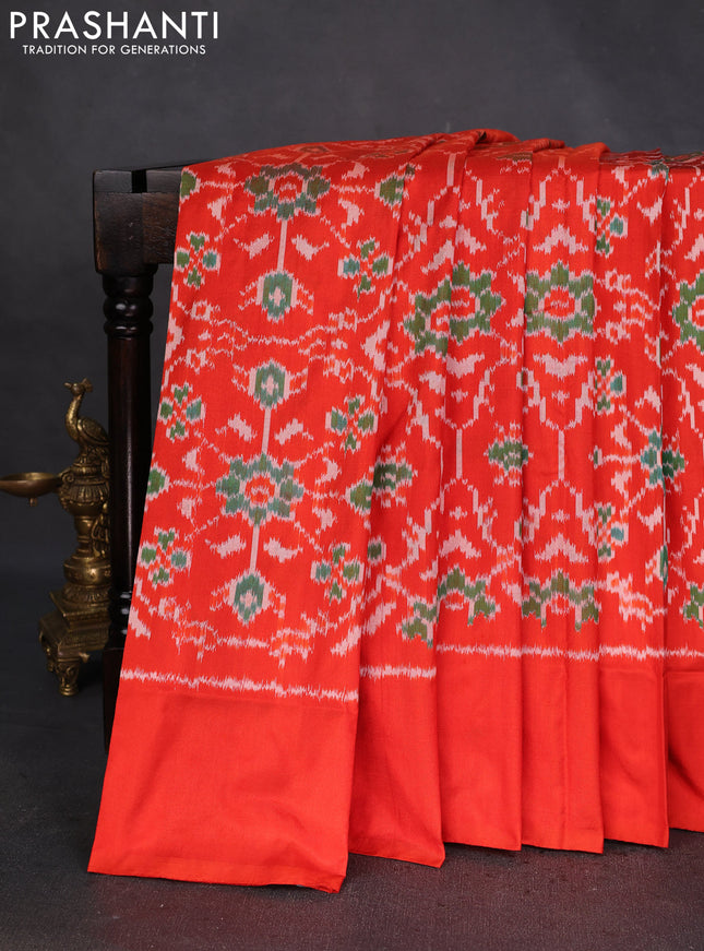 Pochampally silk saree orange with allover ikat weaves and simple border