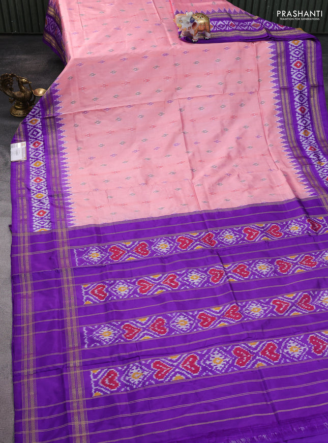 Pochampally silk saree mild peach pink and violet with ikat buttas and temple design zari woven ikat border