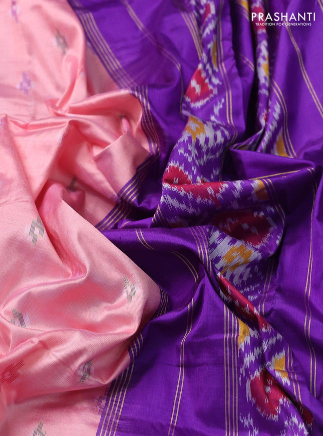 Pochampally silk saree mild peach pink and violet with ikat buttas and temple design zari woven ikat border
