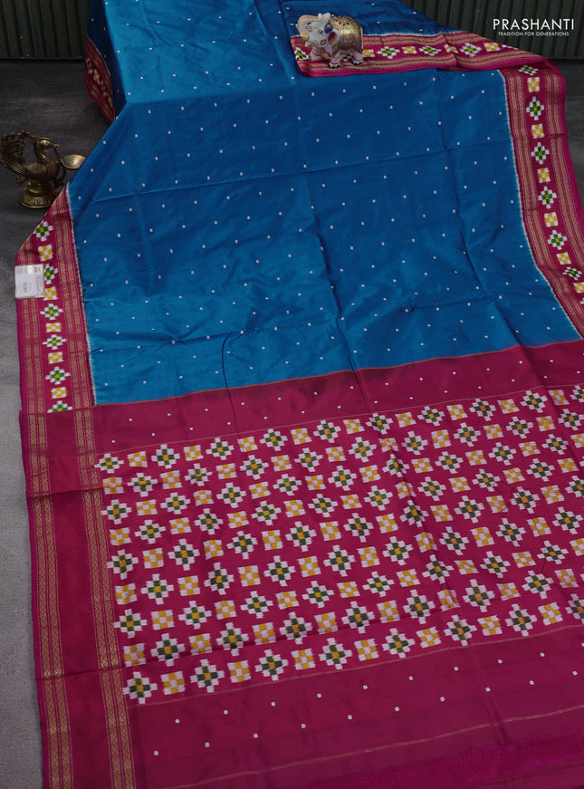 Pochampally silk saree cs blue and pink with allover thread woven buttas and zari woven ikat border